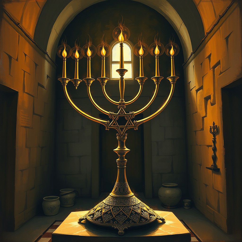 מנורת תשעה קנים ארבע בימין וארבע בשמאל ואחד באמצע יותר גבוה בקפידה מסודר בצורה מגן דוד בבית הכנסת העתיק שבצפת