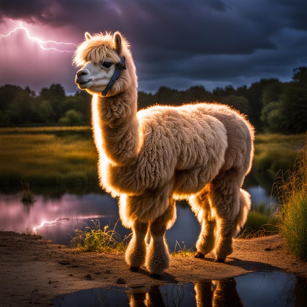 Vivid detail; long haired alpaca; standing brave next to a p...