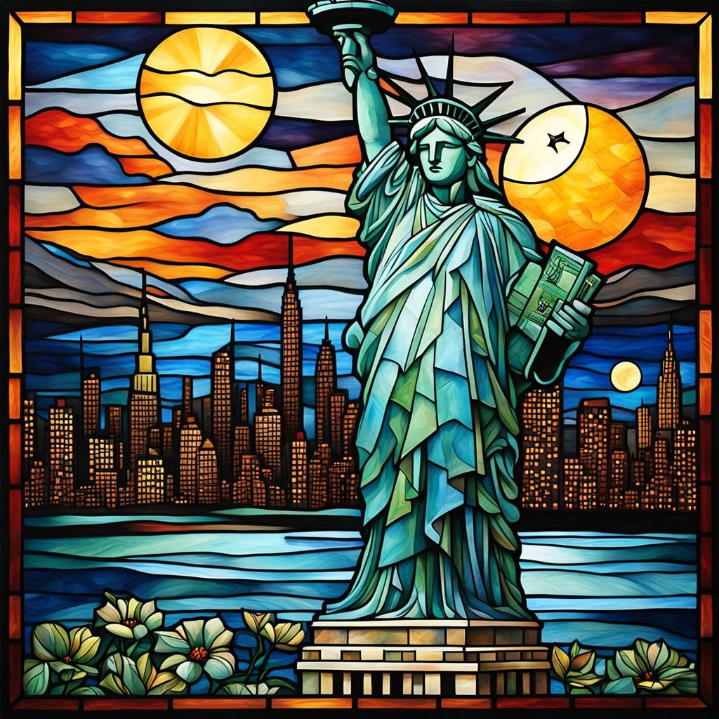 stained glass Manhattan islandscape (Statue of Liberty:1.2) ...