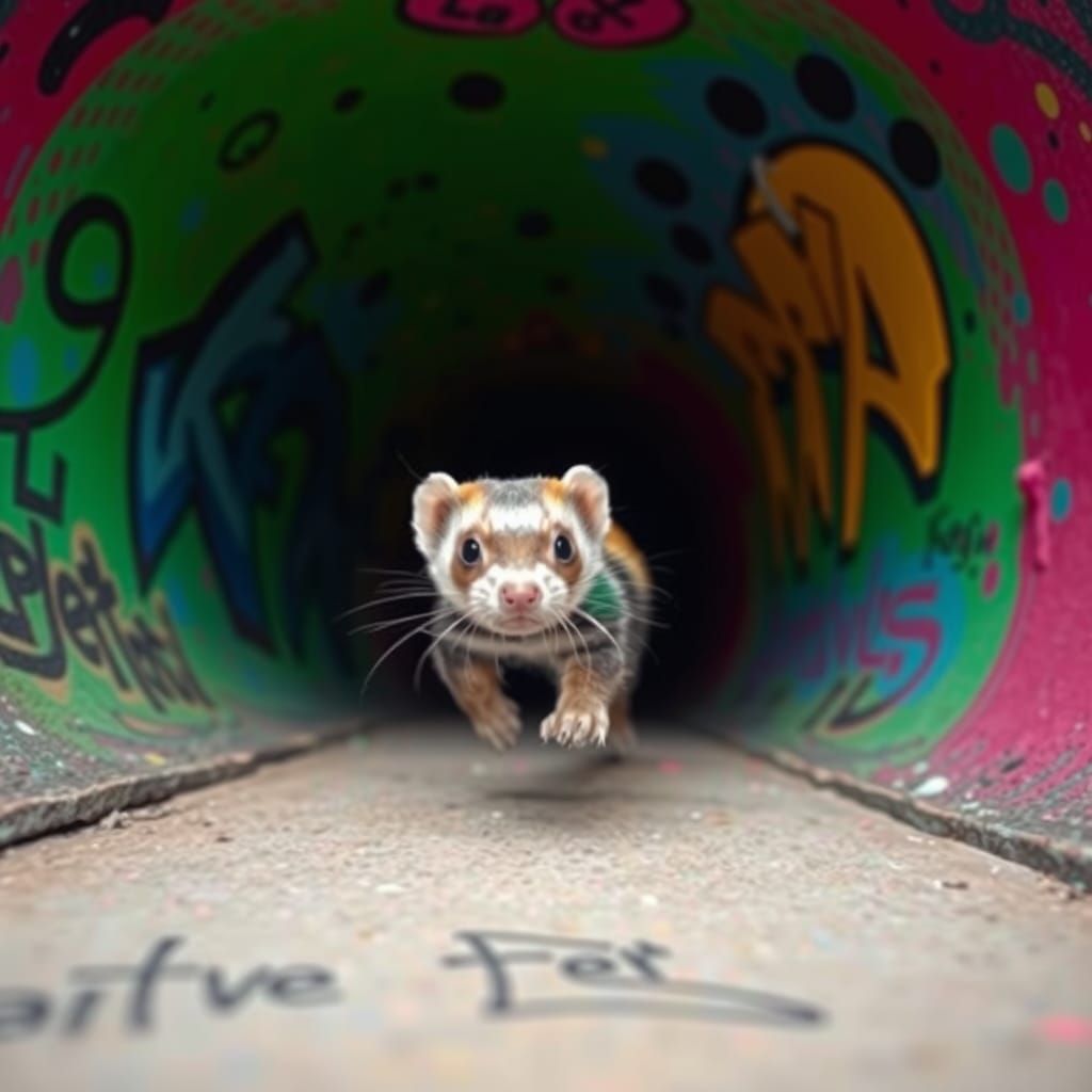 a psychedelic multicoloured ferret sprinting through a mysti...