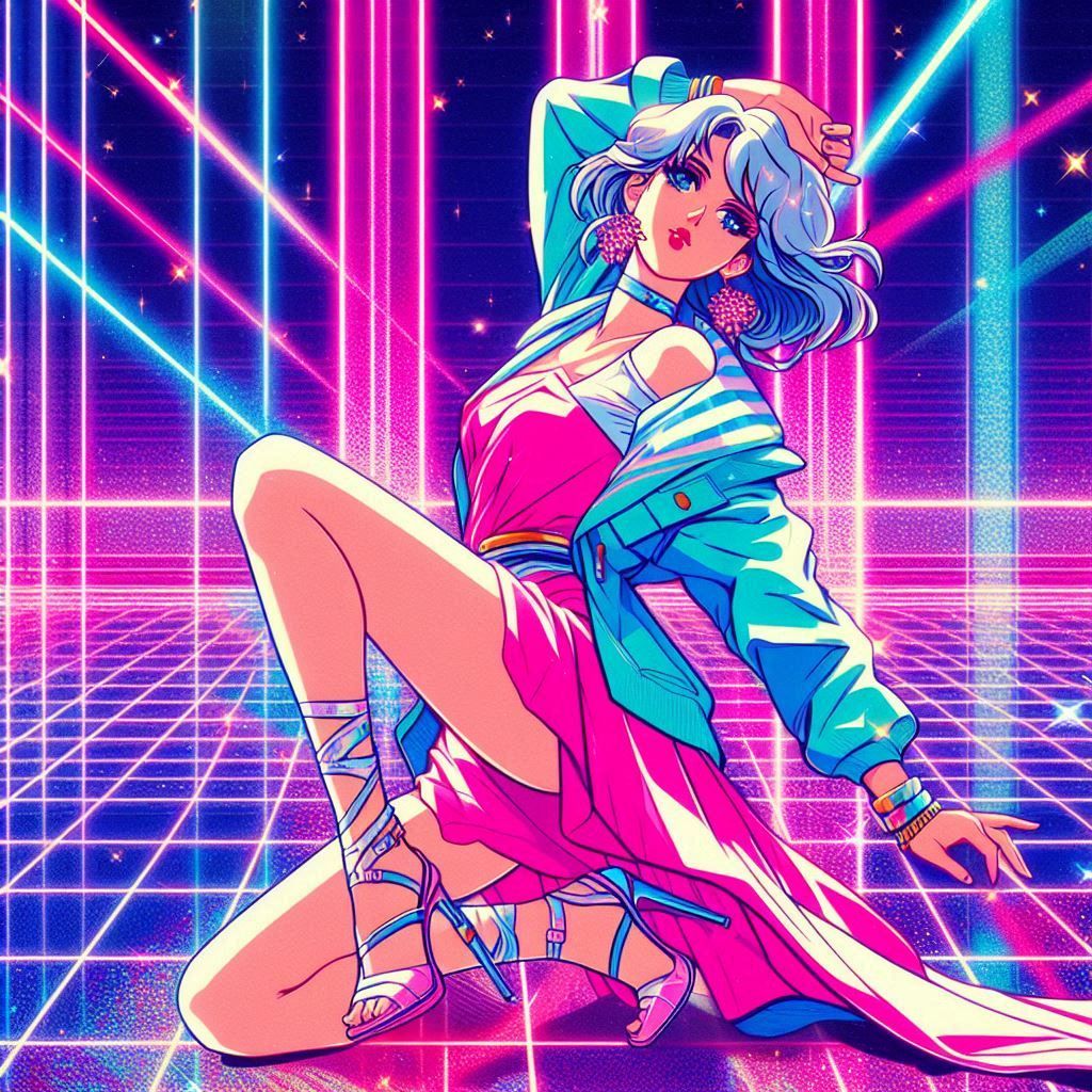 a 1980s anime style image of a woman fashion model drawn in ...
