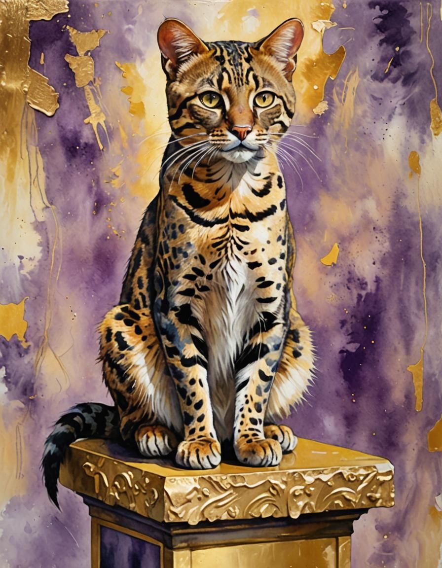 Leopard Cat on Golden Pedestal, Klimt-Inspired Painting