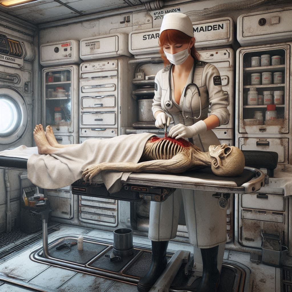 The doc is performing surgery in the medical bay of an old s...