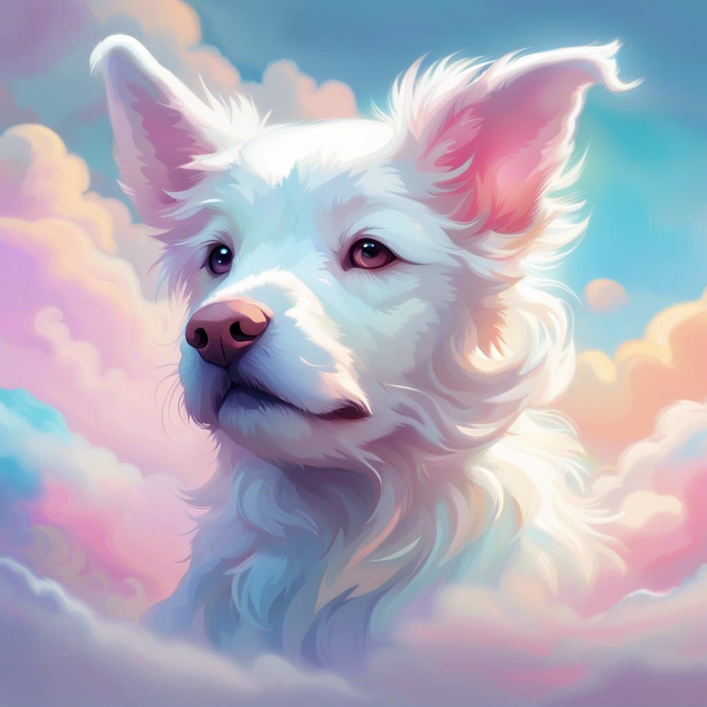 A white puppy in the clouds colorful light pastel colors