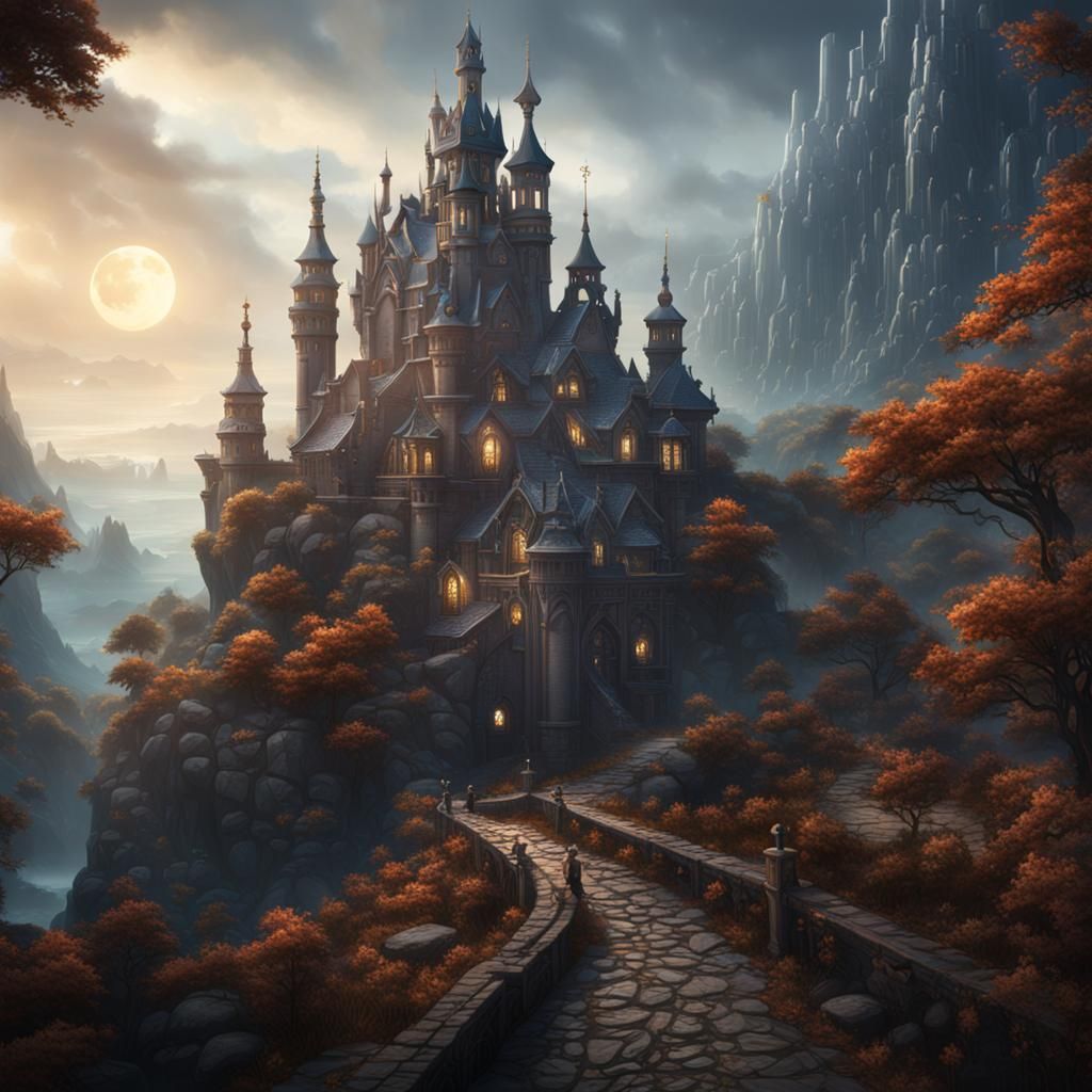 A castle in a narrow pathway between two mountains
