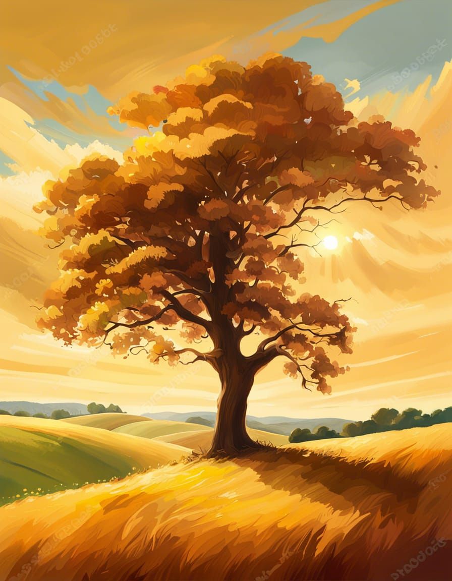 a vast, golden field with a single tall oak tree
