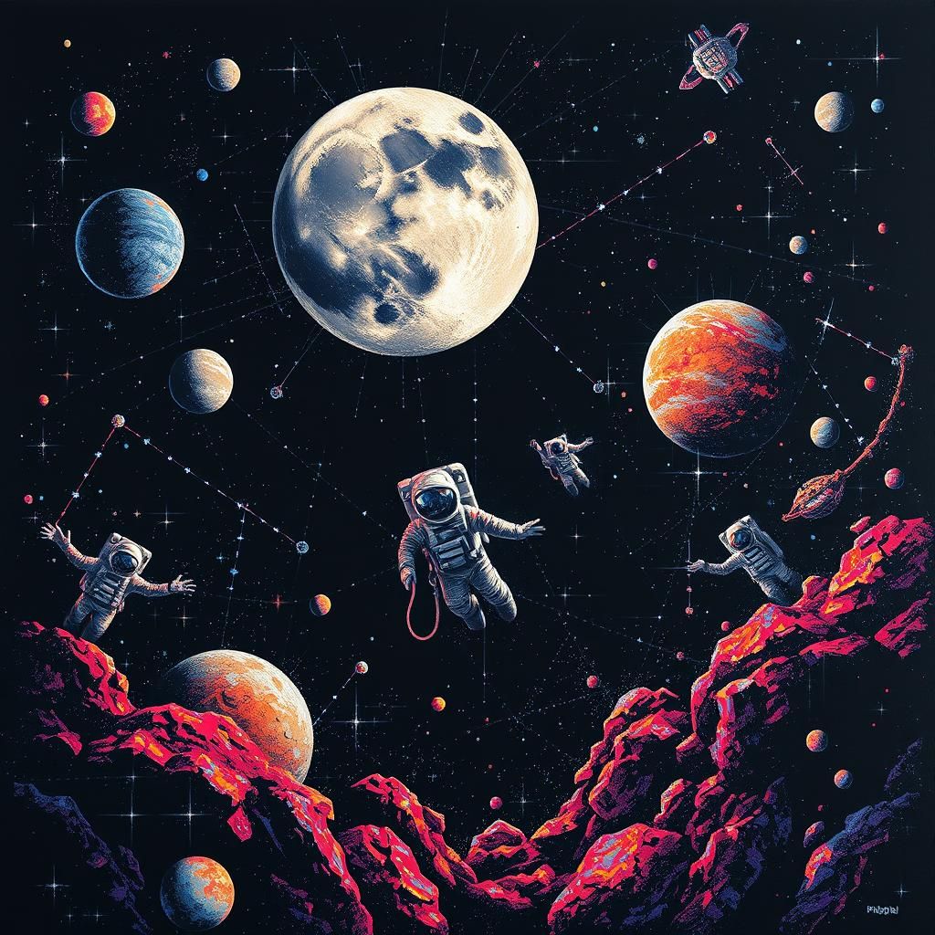 Pixelated Space Scene with Floating Astronauts