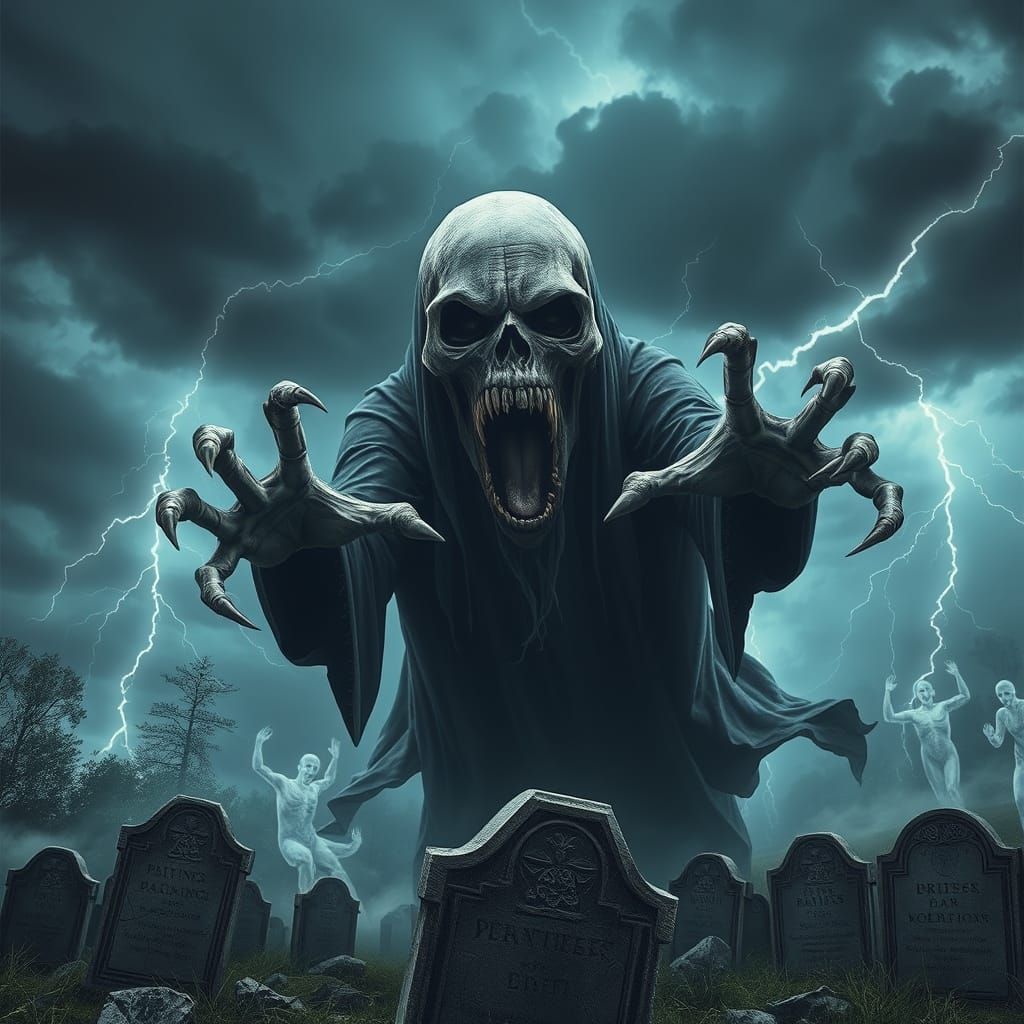 Ethereal Ghastly Spirit in a Dark Stormy Graveyard Scene