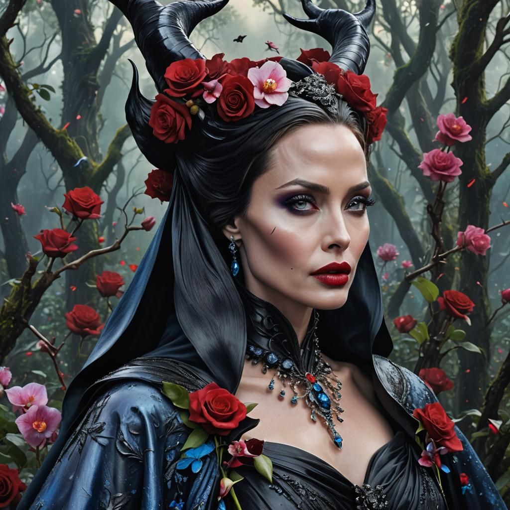 Photo realistic portrait of Angelina Jolie as Maleficent wit...