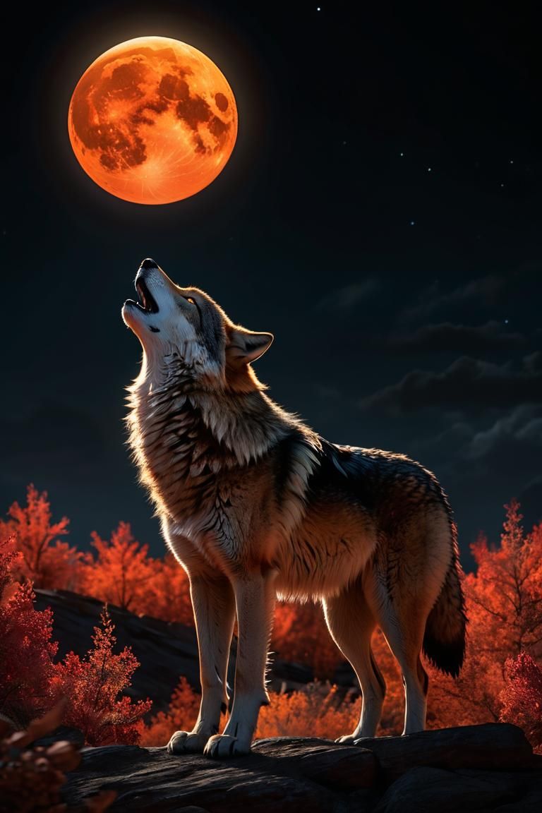 A large wolf howls dramatically at a vibrant, four-dimension...