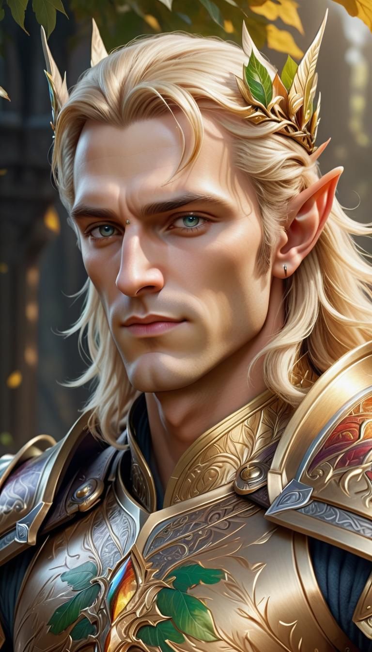 a beautiful high-elf king. Noble and handsome face. Small ears. "Gold crown on his forehead". An aura of wisedom. Blond hair. Intricate leaf...