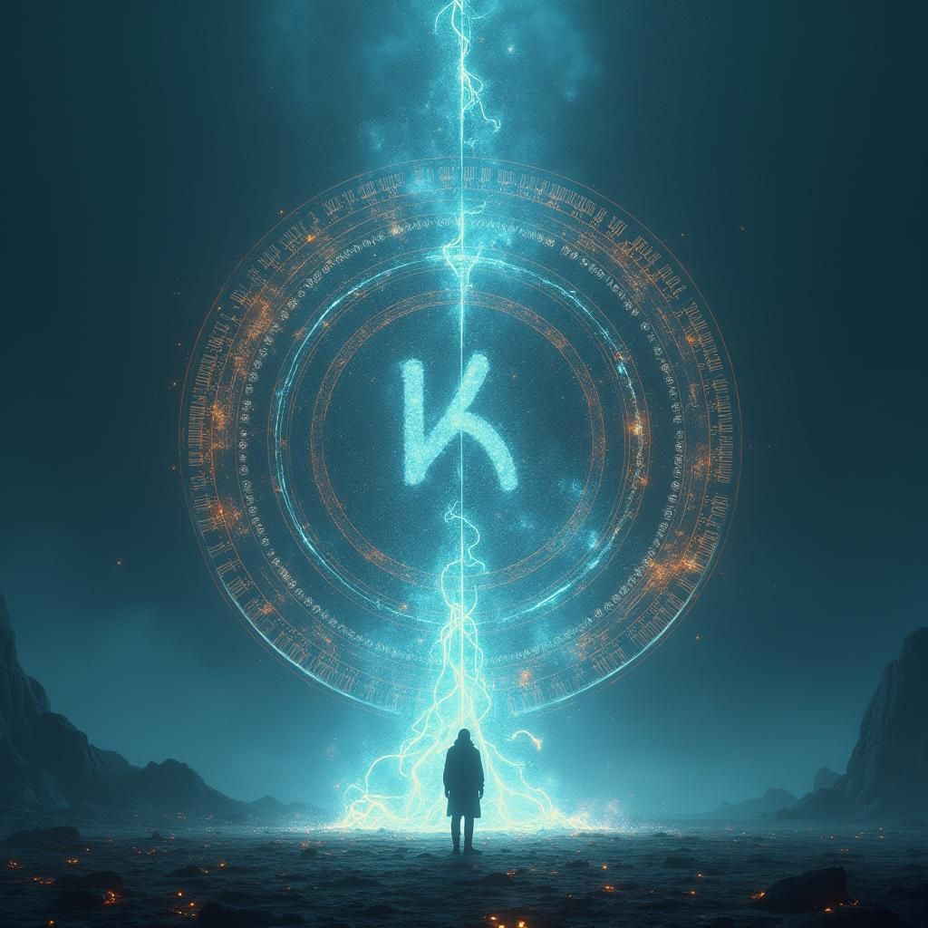 Sorrowful Figure in Mystical Realm with Glowing Chart