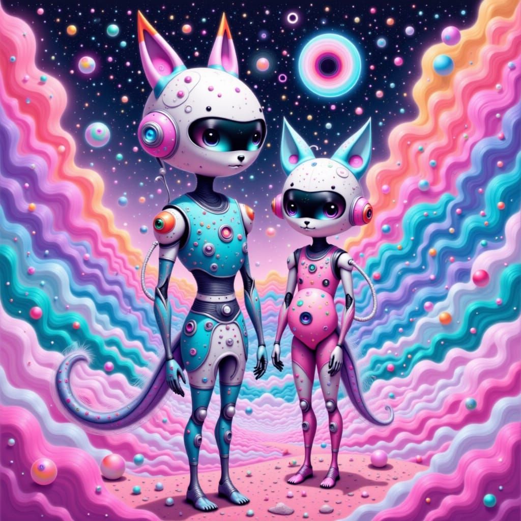 Cosmic Mannerist Robot and Kitty in Celestialpunk Style. This image shows a whimsical robot and kitty in a cosmic summer scene. The artwork ...