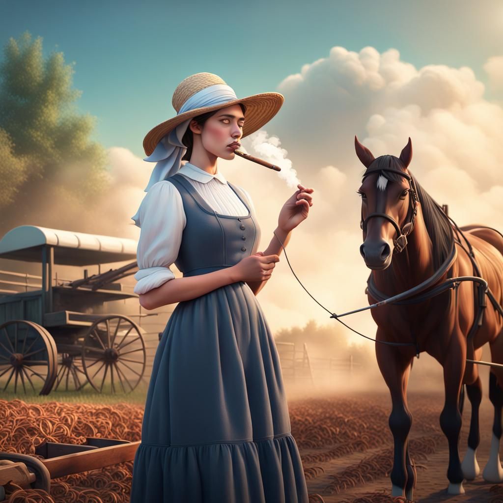 Beautiful young Amish woman wearing a bonnet and long dress. She is smoking  a cigar. There is a horse pulling a plow in the background. - AI Generated  Artwork - NightCafe Creator