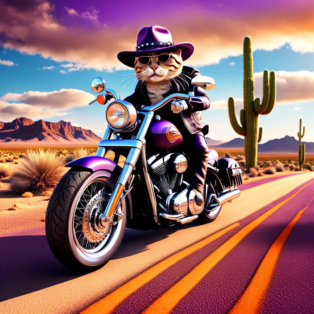 tabby cat wearing cowboy hat ride Harley Davidson motorcycle
