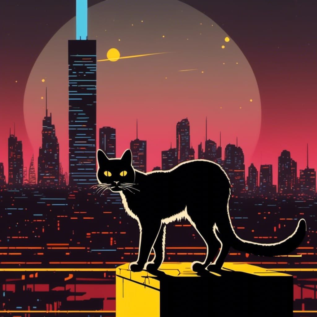 <lora:Retro Sci-Fi Utopia:0.6>
Liminal space type exterior. Silhouette of a cat with glowing yellow eyes walking on top of a wall at night....