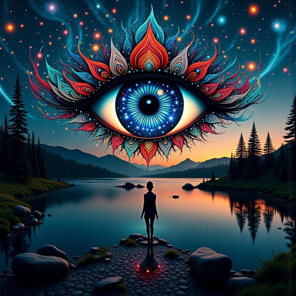  <lora:Fantasy eyes Flux:1.0> breathtaking intricate android eye made from wires in a summer night over a lake :: UHD :: hyperreal :: hyperd...