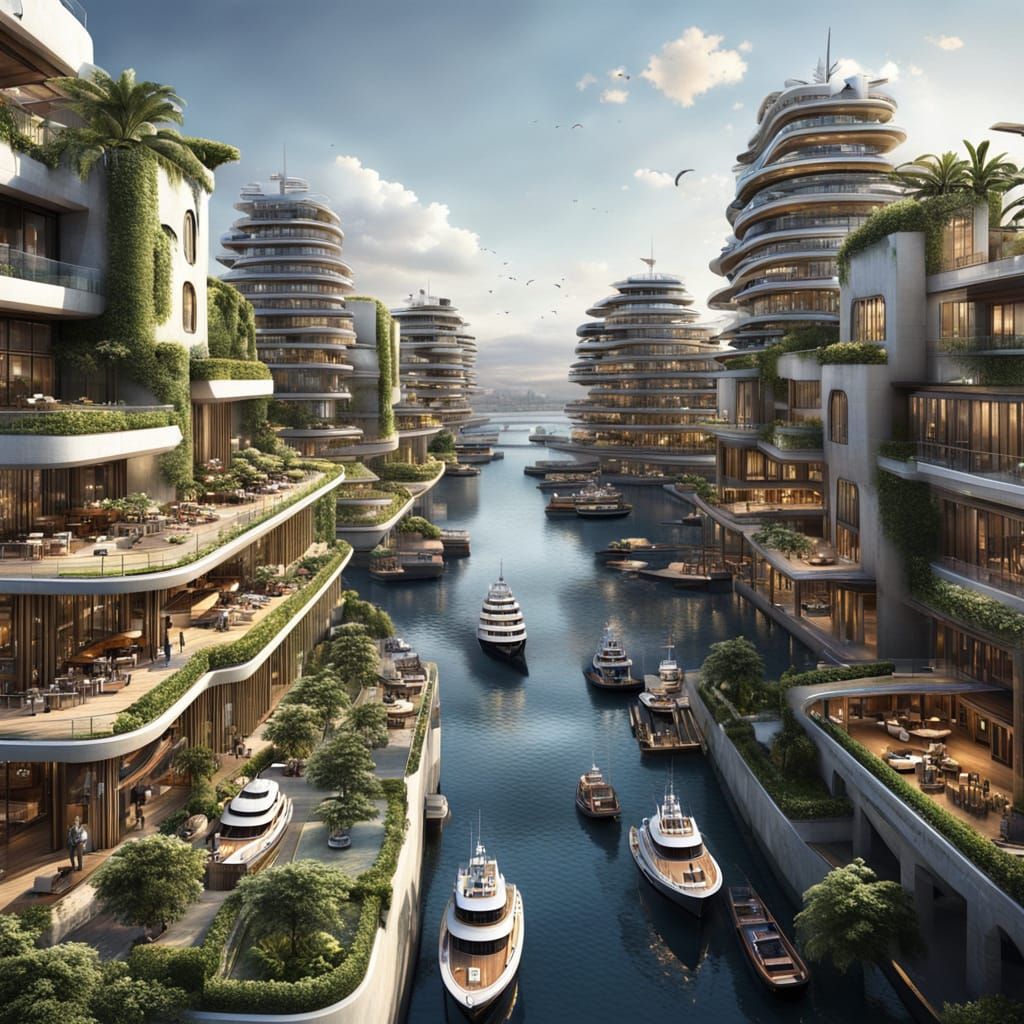 Luxurious Megastructure Overlooks Bustling Port and Marina