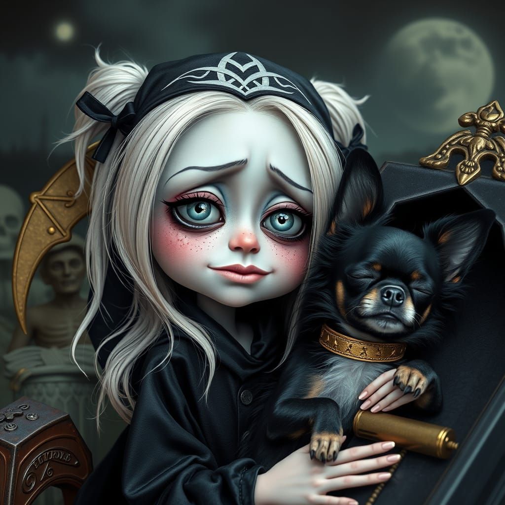 Grim Reaper Girl with Chihuahua in Neo-Surreal Style