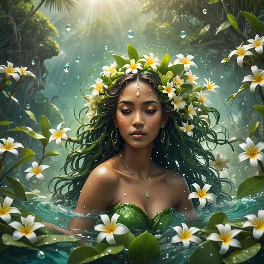 Goddess of the earth with an island of lush and green as her back and her hair as crawling grass with streaks of frangipani flowers, floatin...