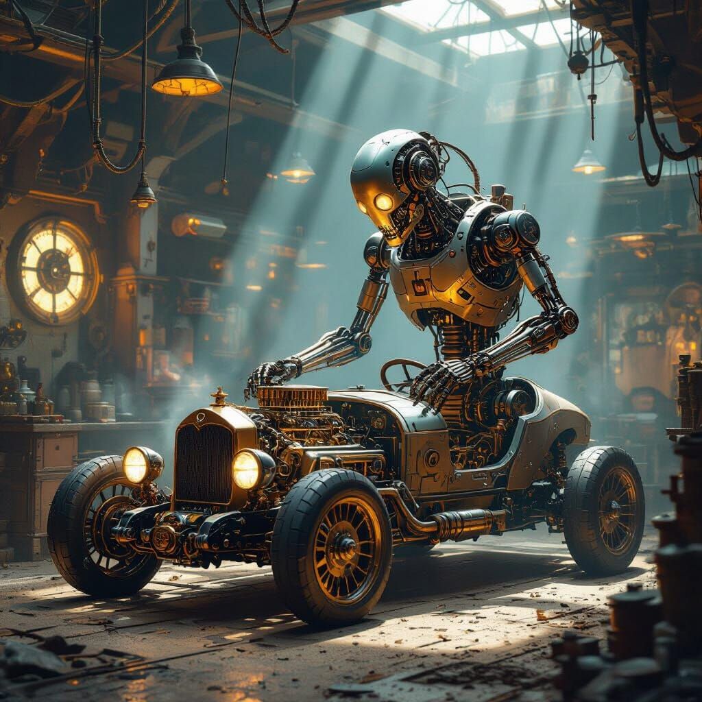 Create a steam punk  attached to a motor mechanism that is comparable to muscles having that.skeleton working on a futuristic car in a fanta...