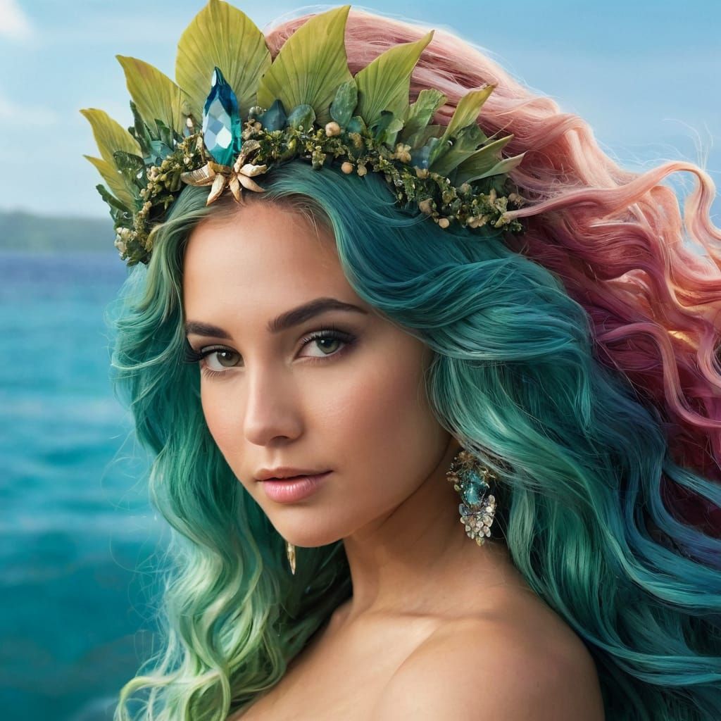 A mermaid queen with flowing ocean-colored hair
