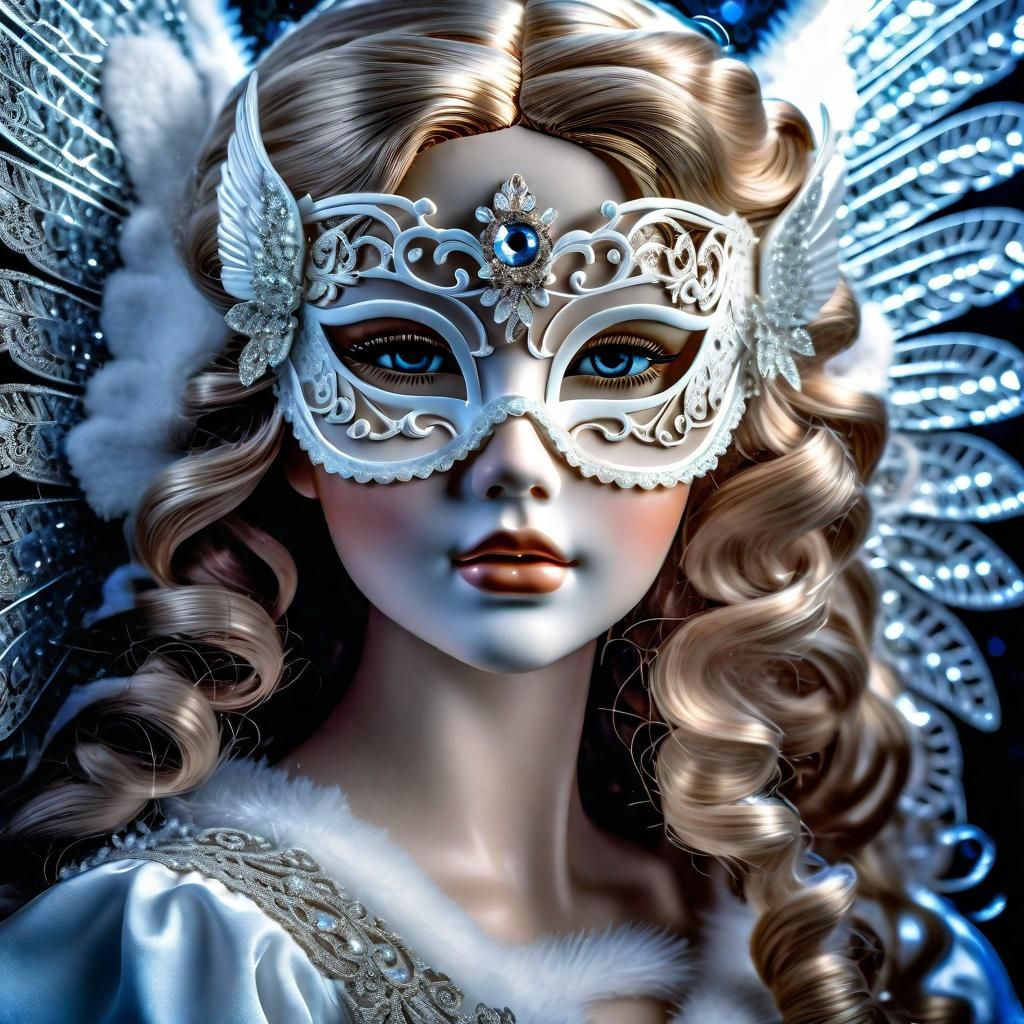 porcelain doll wearing eye mask