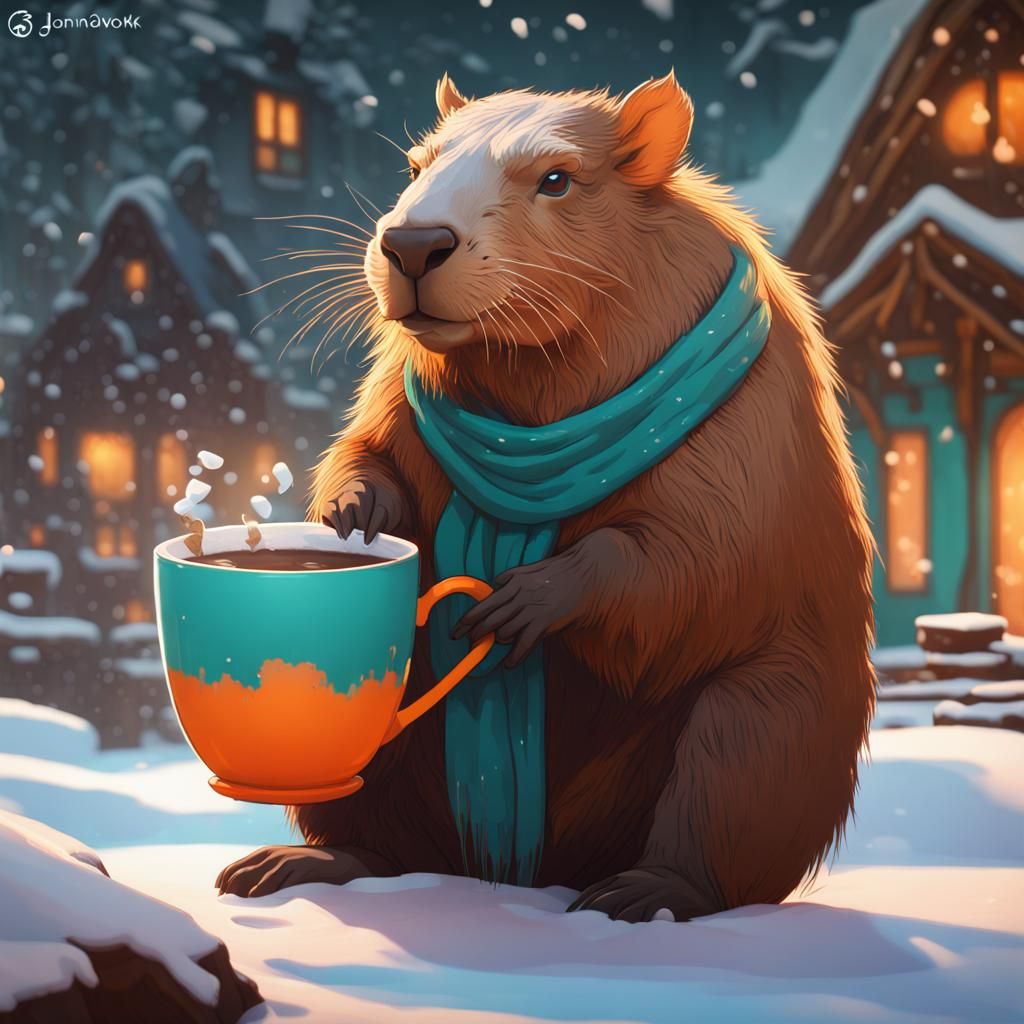 Capybara drinking hot chocolate, winter, 8k resolution conce...