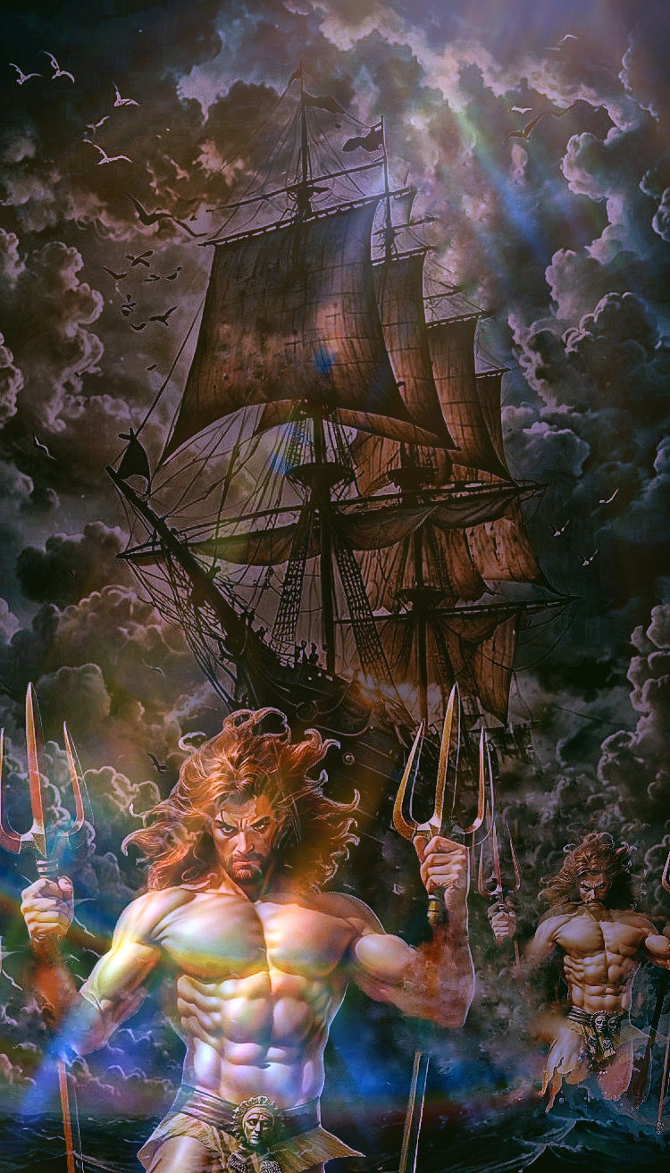 Pirate ship with Neptune and others taking control of the sh...