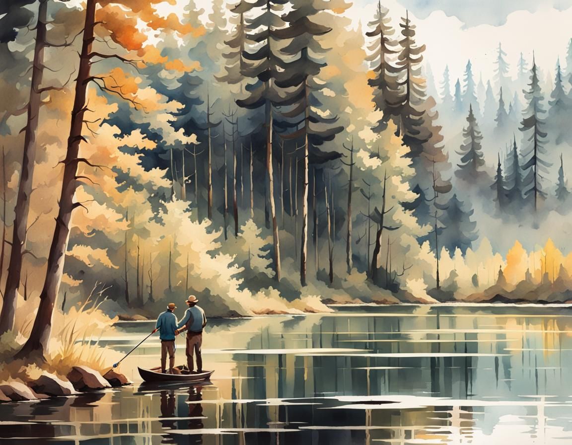 Father and Son Fishing: Watercolor Forest Scene