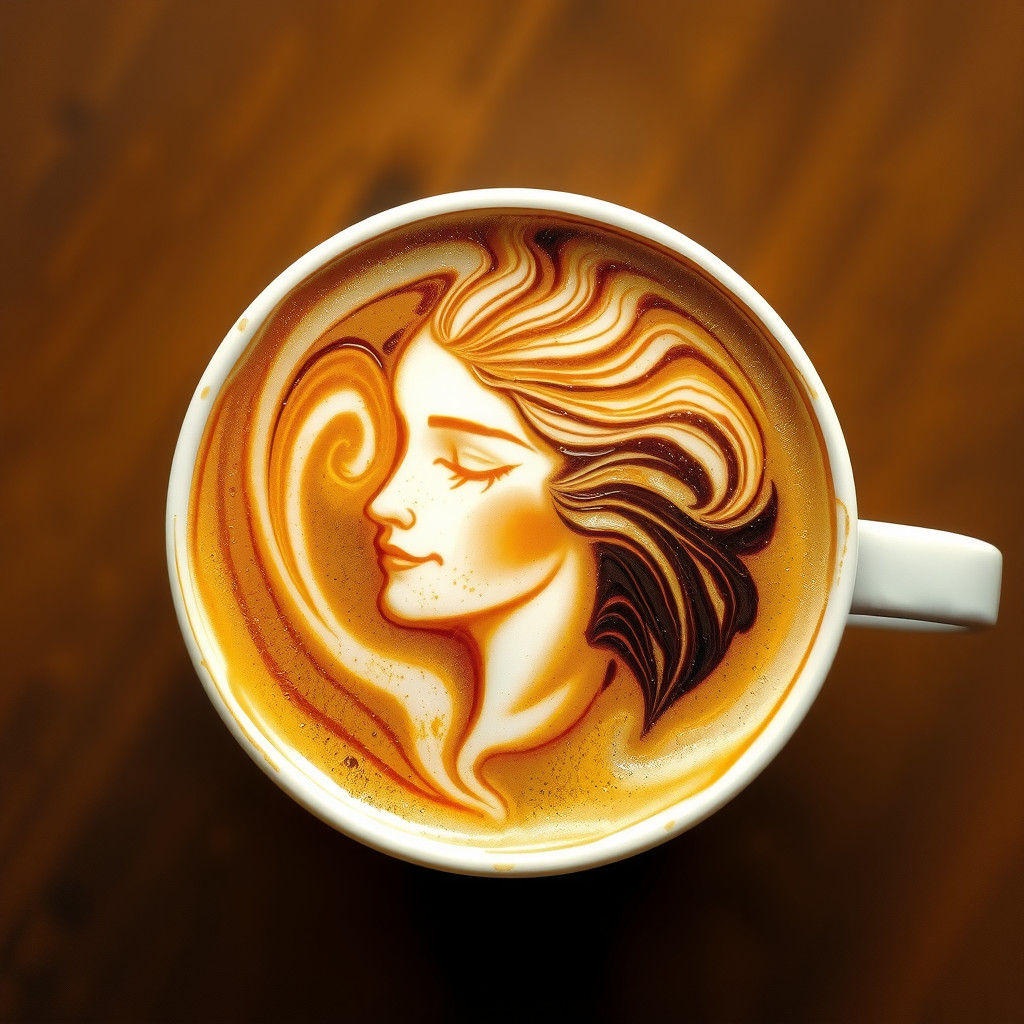 Latte art forming the face of a beautiful woman in the swirls of foam on a cup of coffee  by @Drac_Rosenberg