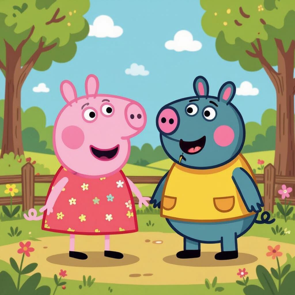 Peppa Pig and Boyfriend in Cartoon Style