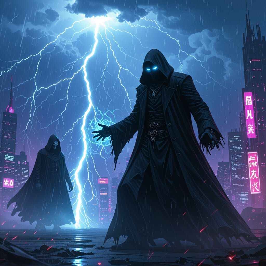 lich showing his power with dark storm clouds in the background shooting lighting from the ground fighting death himself
