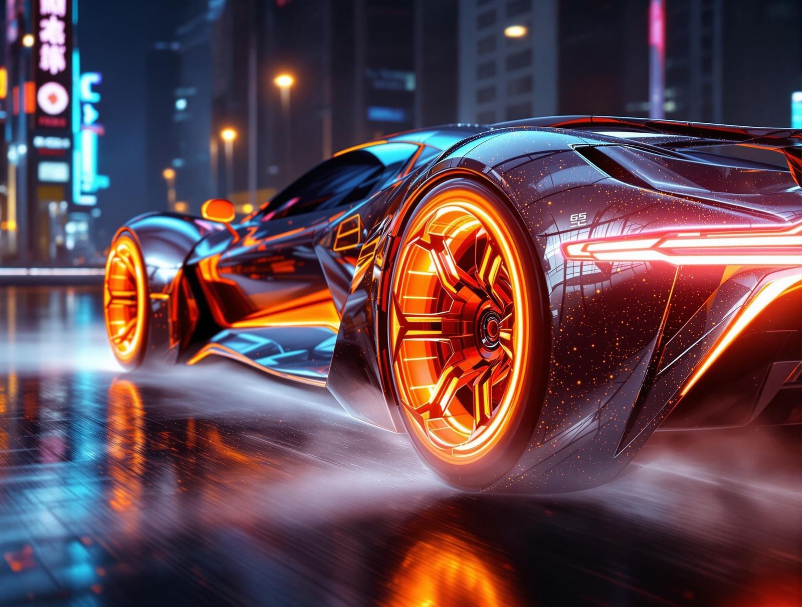 “High-speed cyberpunk chase vibe: the neon-wheeled hypercar accelerates down a wet neon-lit street, stronger tire spray ...