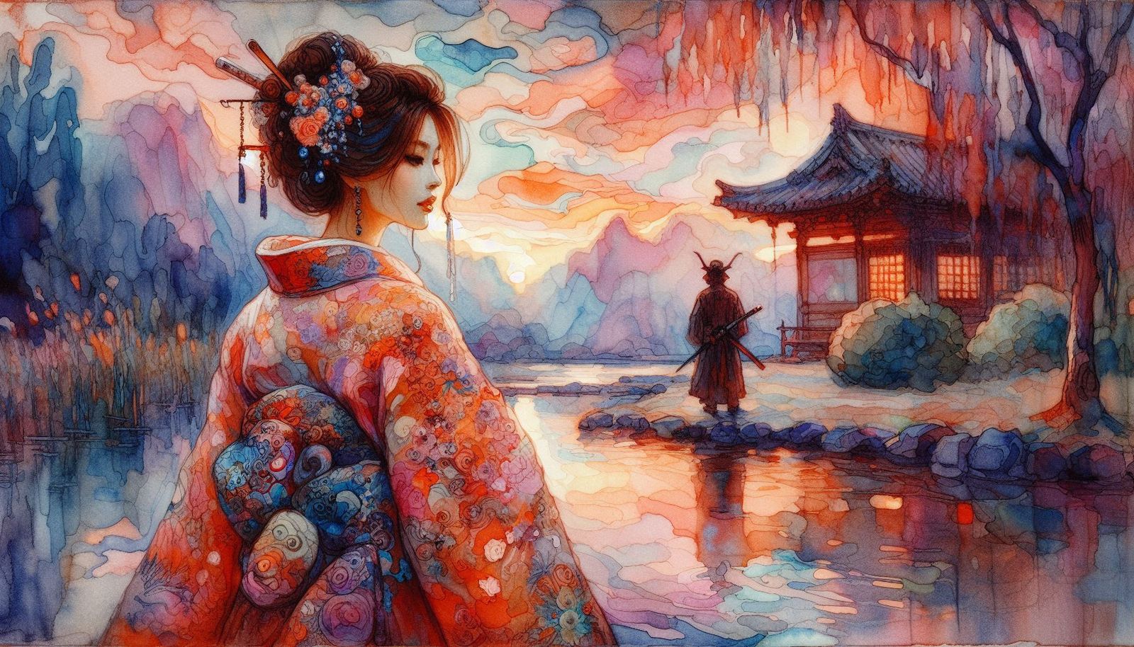 Geisha and her guard the samurai