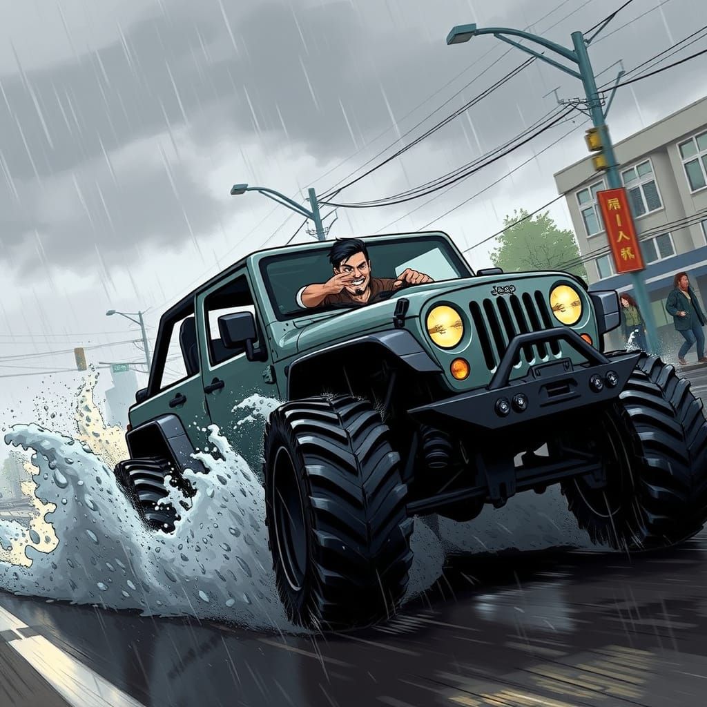 Jeep Speeds Down Rainy Street in Syd Mead Style