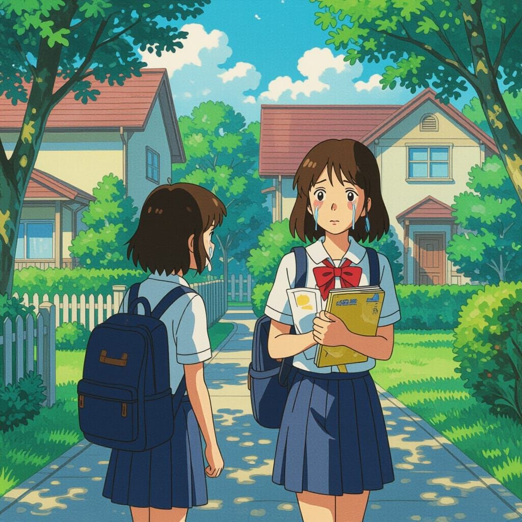 Sad Student Walks Home, Watercolor Ghibli Style