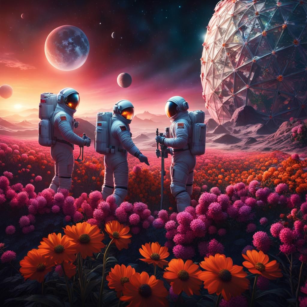 Three men in spacesuits tending to dodge charger
 in a geode...