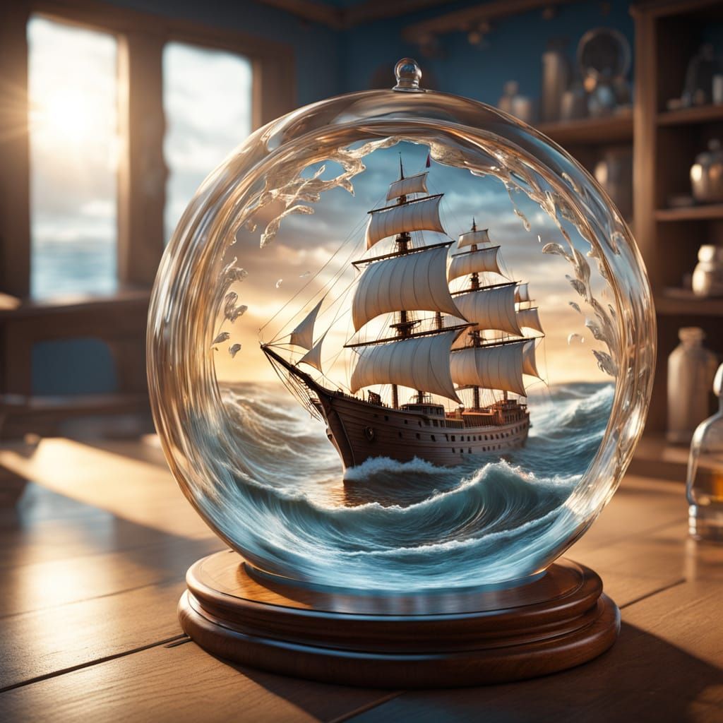 A detailed scene of a majestic wooden ship sailing on a dynamic ocean, all fully contained inside a perfectly clear glass bottle. Gentle wav...