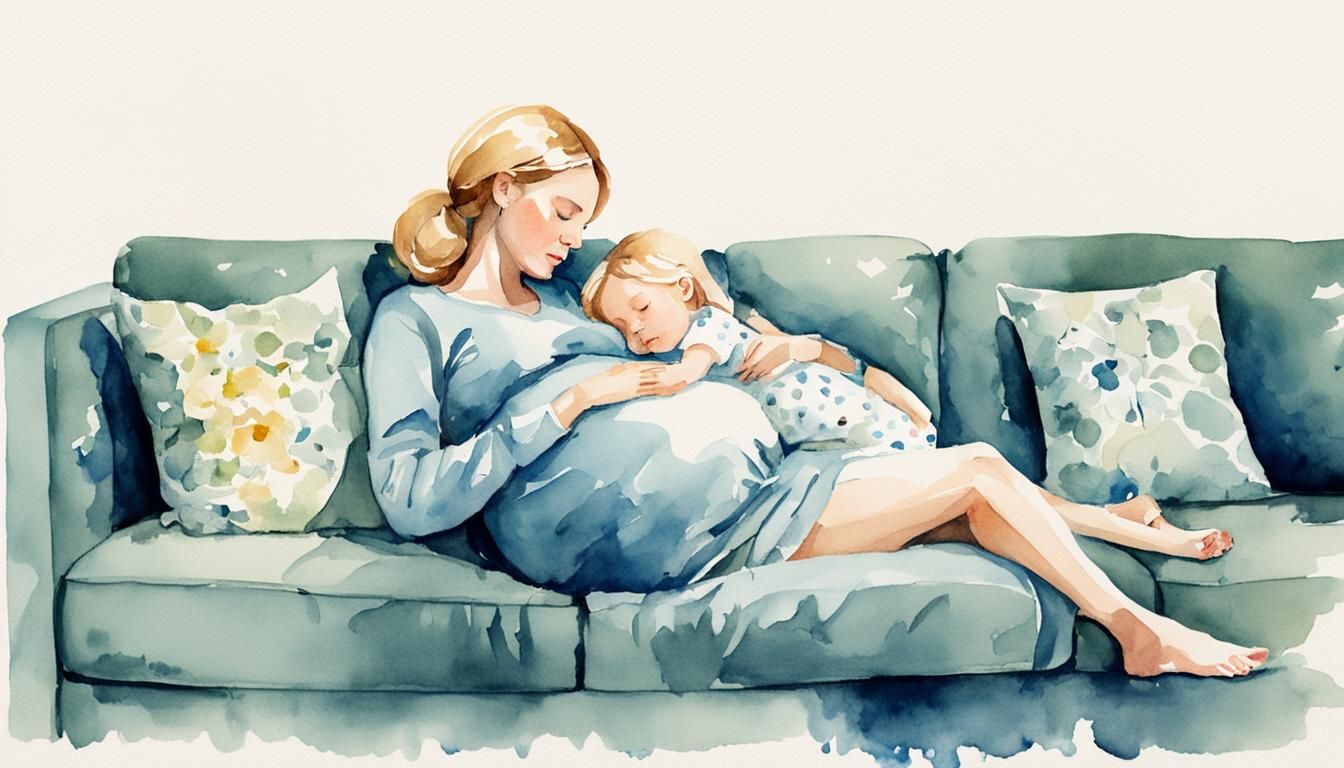 A young pregnant mother is resting on a sofa with her 3-year...