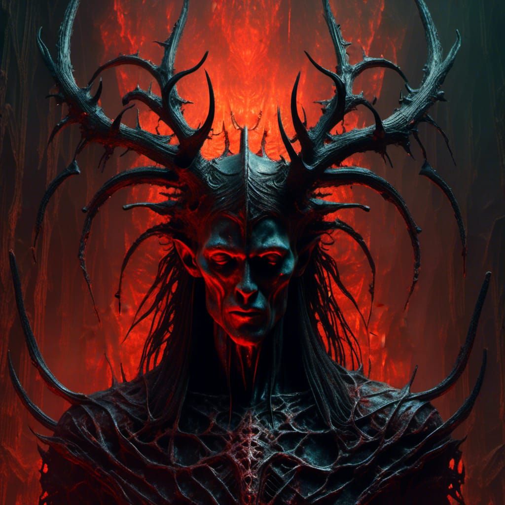 <lora:FrightNight:1.0> striking portrait of terrifying bloodied eldritch god king;  black antlers; burning horned crown, by hr giger beksins...