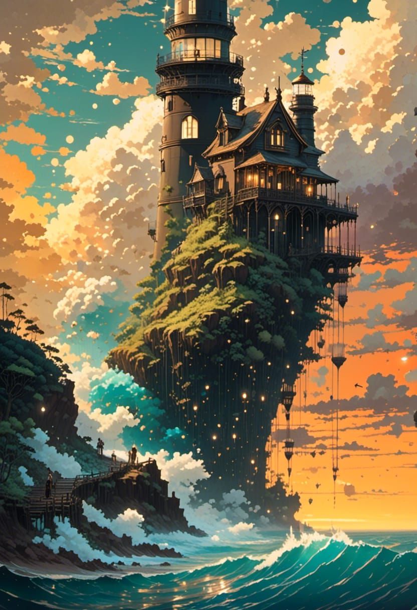  <lora:Anime fantasy:1.0> professional anime style, beautiful hyperdetailed ethereal lighthouse AT the edge of the world 