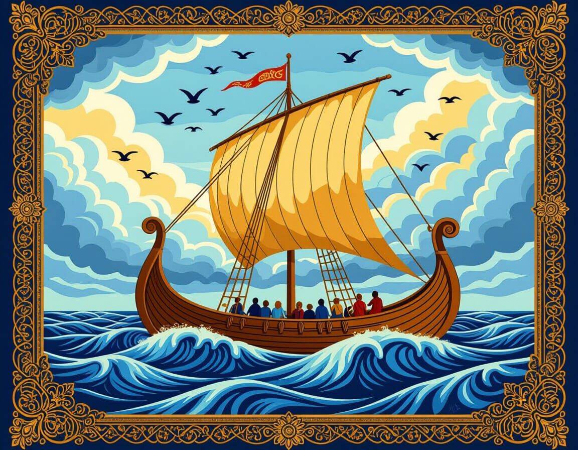 A highly detailed illustration of a Viking longship sailing on turbulent waves, golden sail full of wind, carved wooden hull, with birds fly...