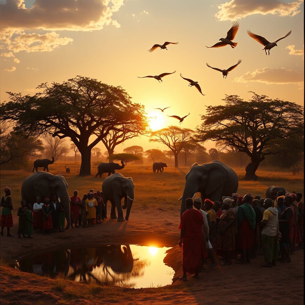 Vibrant African Village Sunrise with Majestic Wildlife