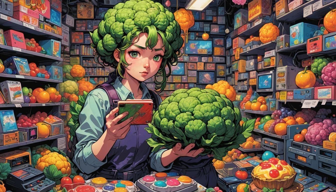 anime girl with one huge cauliflower in hands
