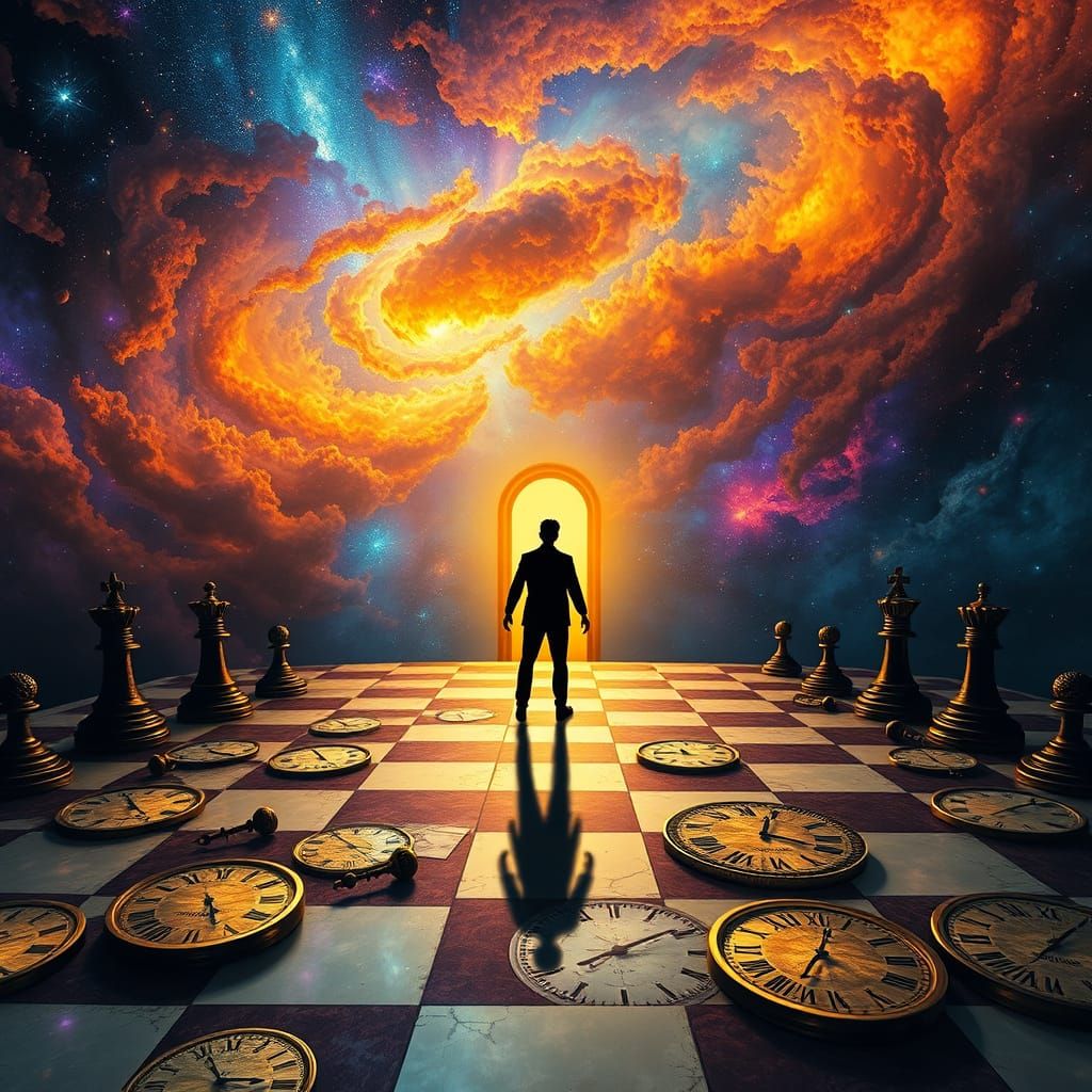 Silhouette Reaches Golden Archway Over Chessboard Sky