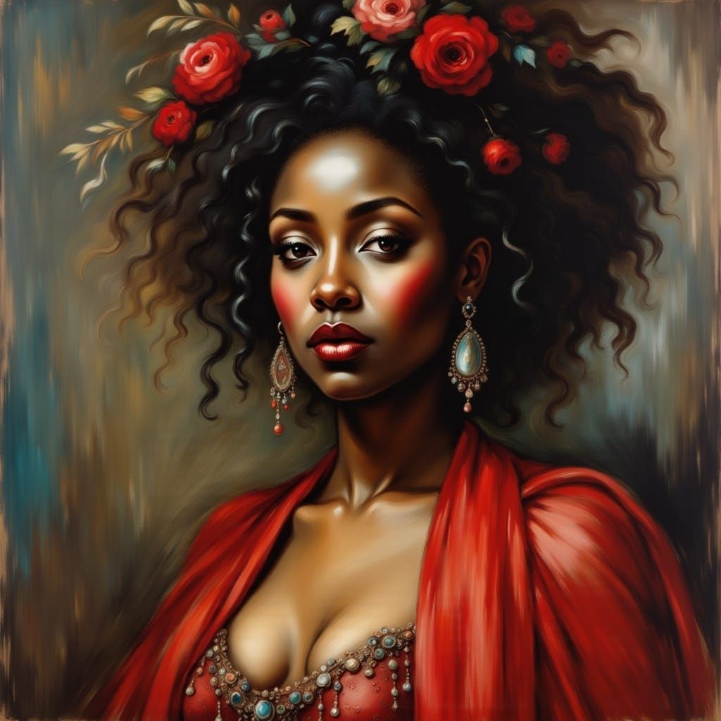 Portrait of a beautiful woman in a red dress <lora:Haunting Portraits:1.0> 