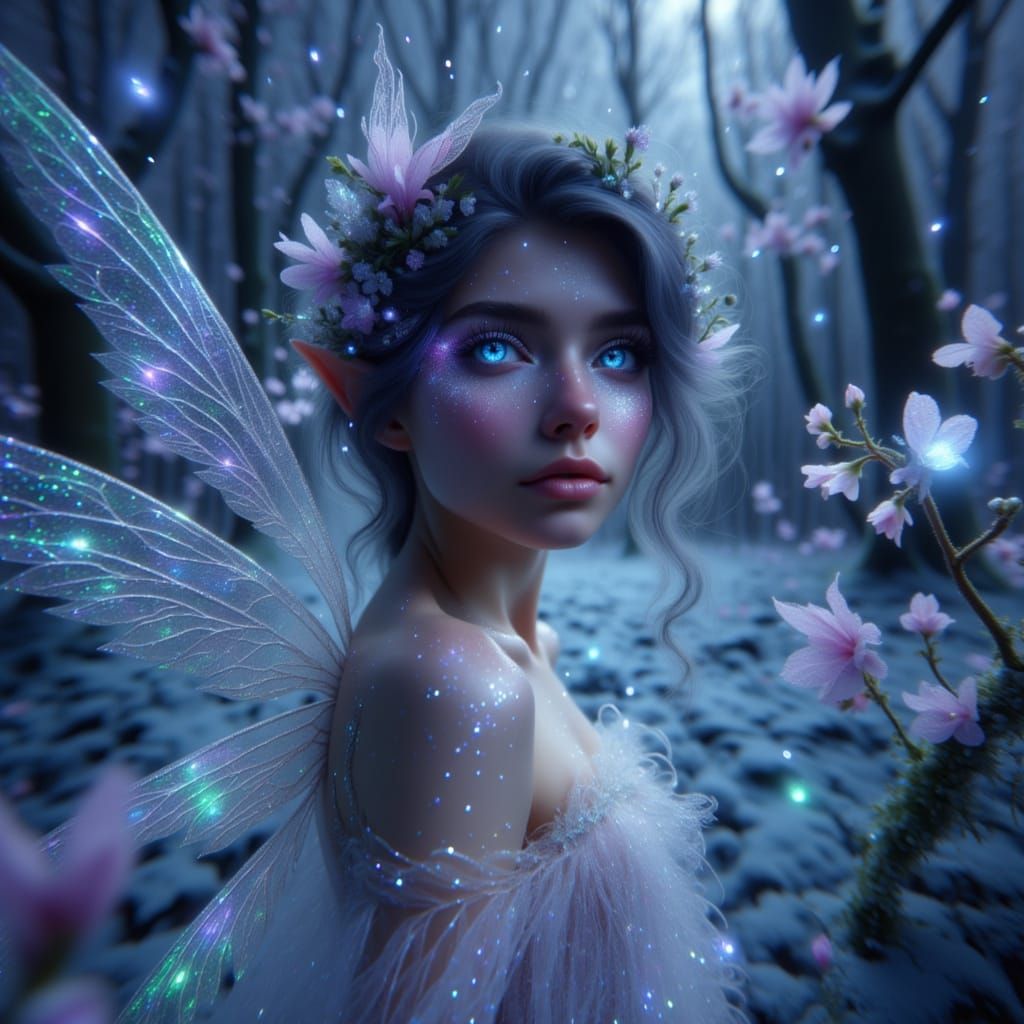 <lora:Ethereal fairy:1.0> A mesmerizing depiction of a fae draped in transparent, glittering material. Their hair is sparkling and adorned w...