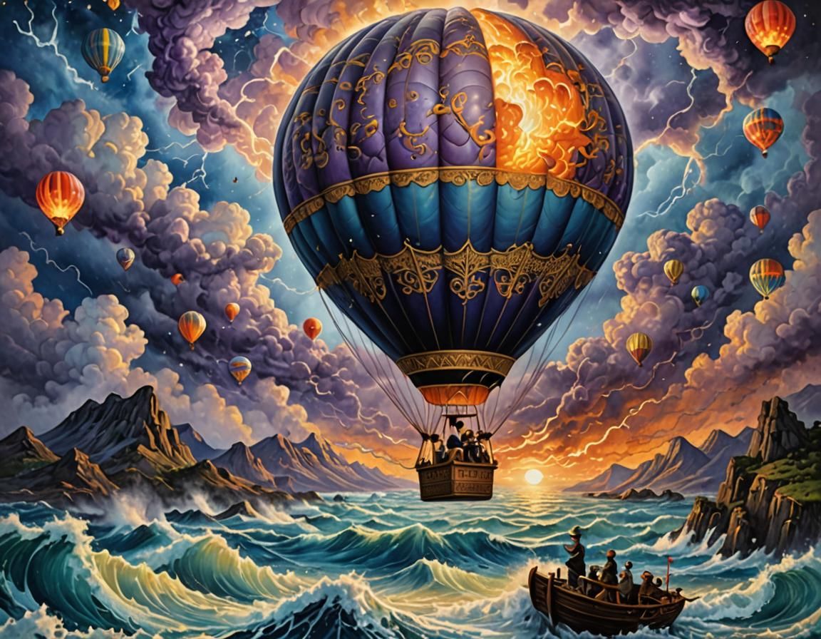 Maxfield Parrish inspired vintage hot air balloon flying through a lightning storm    by @M Scott Foster