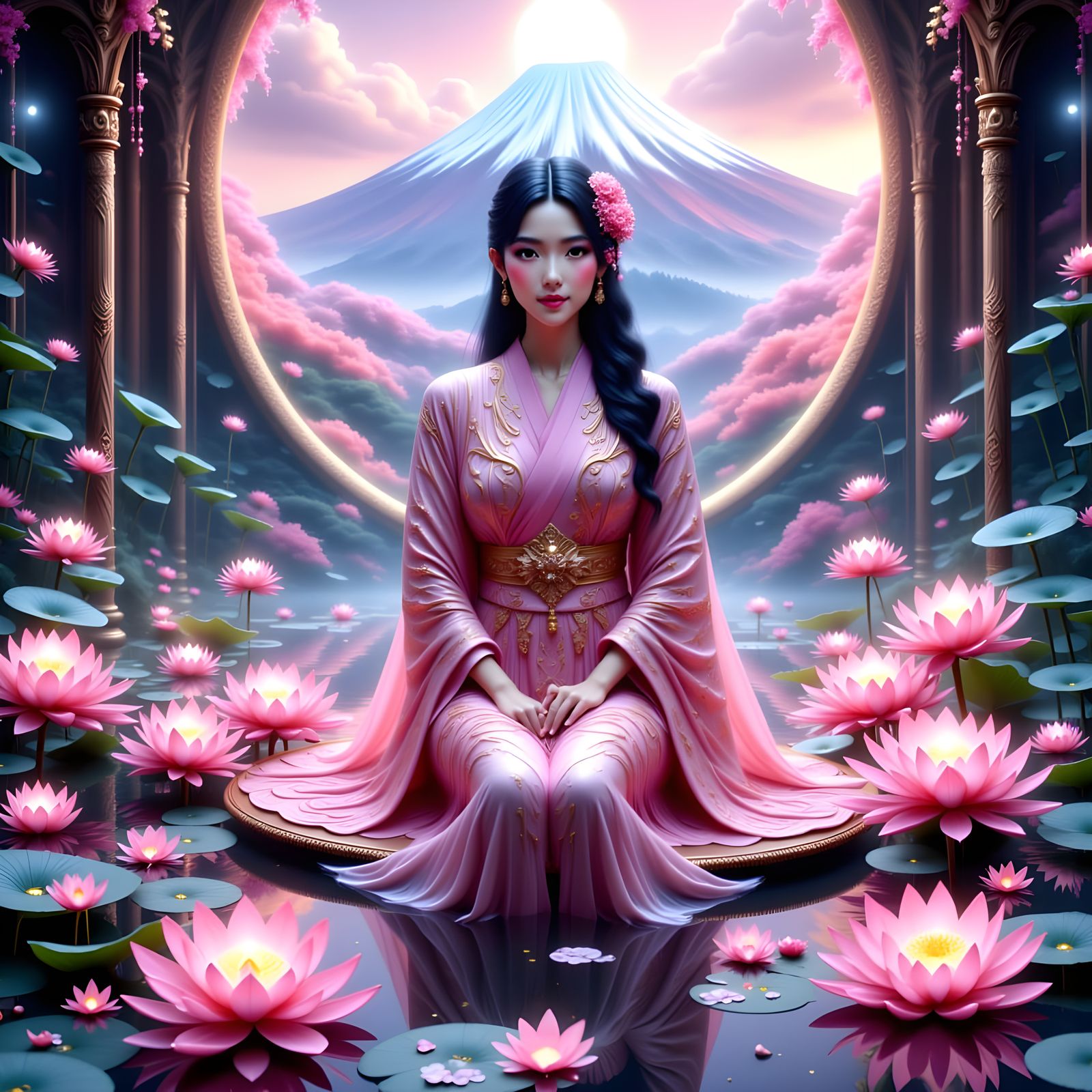 Ornate Japanese Princess on Lotus Pond, 3D Anime Art